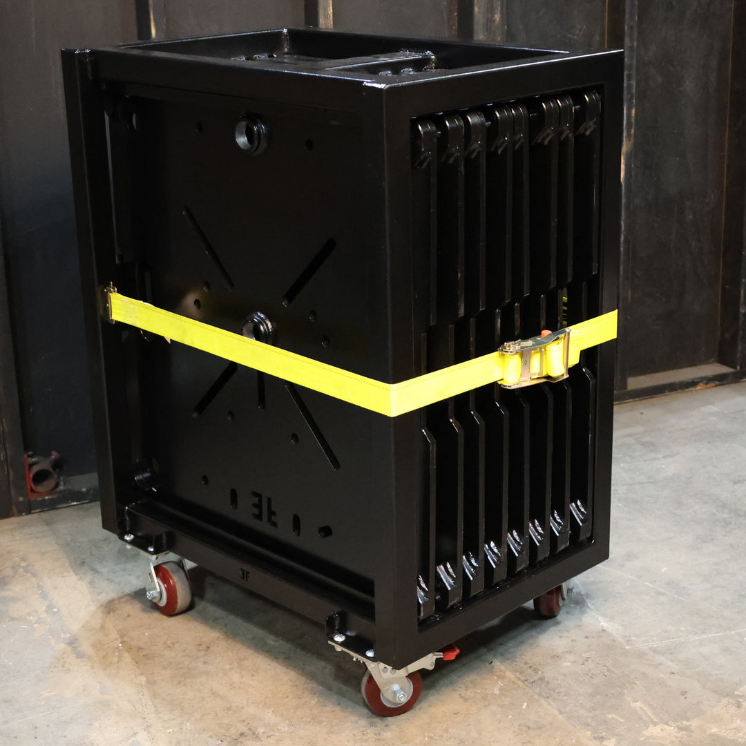 black metal cart for truss full of 32" base plates with yellow e-track strap