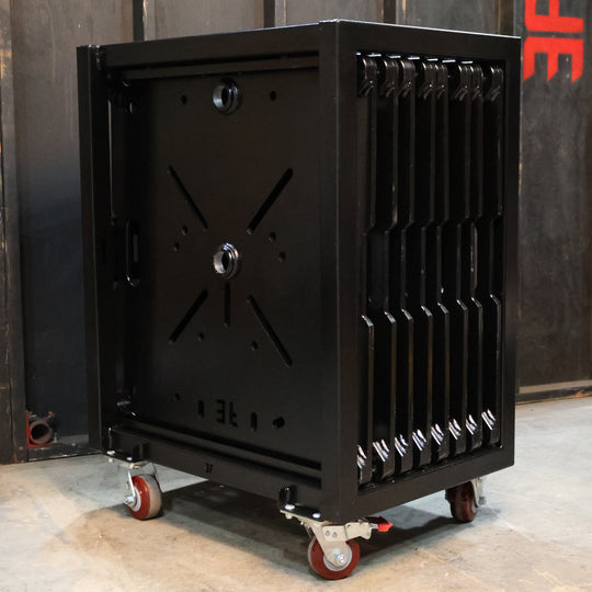 black metal cart for truss full of 32" base plates